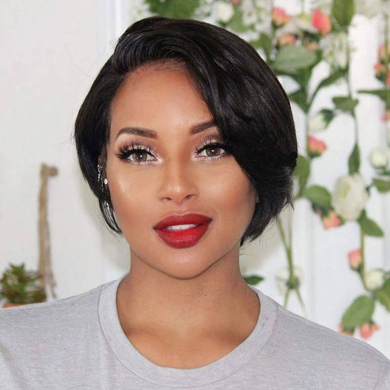 QVR Pixie Cut Style Short Hair Natural Black Color T Part Lace Frontal Human Hair Wig