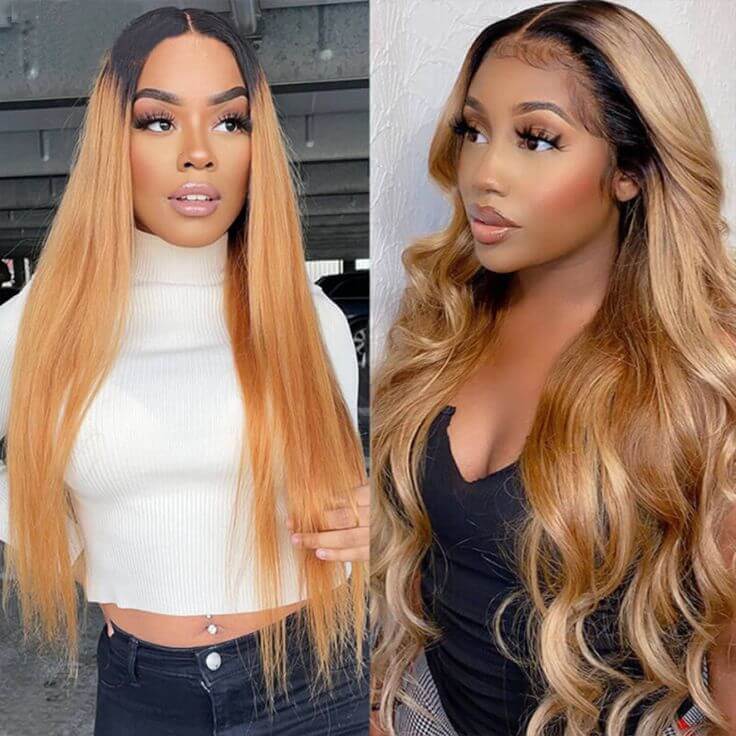QVR Straight 1B/27 Honey Blonde 4x4 Lace Closure Wigs with Dark Roots For Black Women Human Hair Wigs