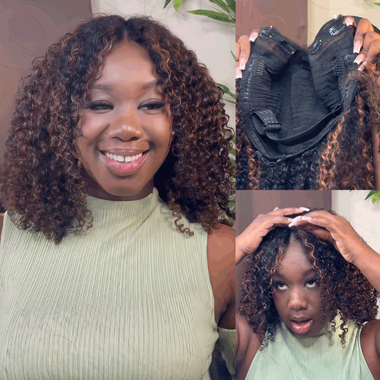QVR Invisible Lace Edge Kinky Curly V Part Wigs Highlight #1B/30 No Leave Out Human Hair Wig