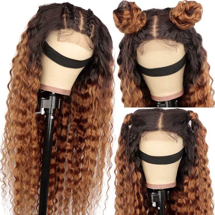 QVR Deep Wave 1B/30 Ombre Honey Brown Color Glueless 4x4 Lace Closure Wig 100% Virgin Human Hair Wigs