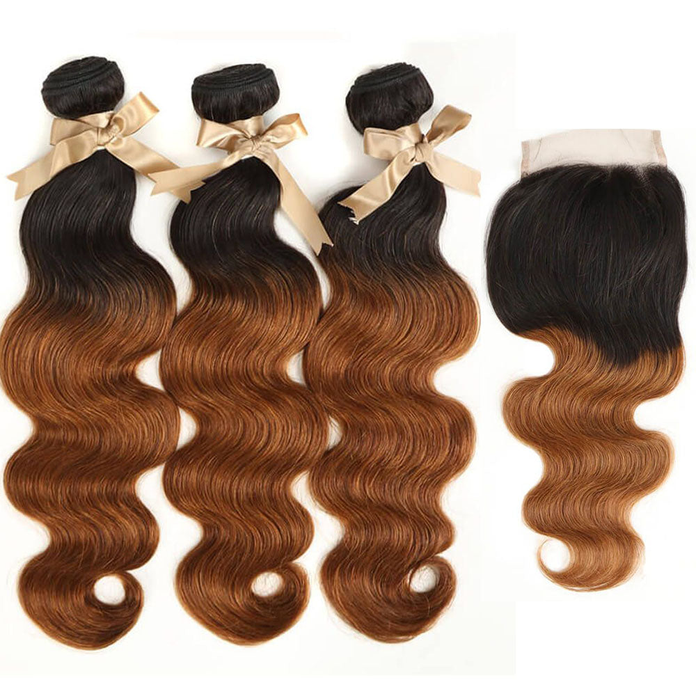 QVR Body Wave Bundles With Closure Remy Human Hair 3 bundles with 4*4 Lace Closure Ombre Brown Color T1B/30