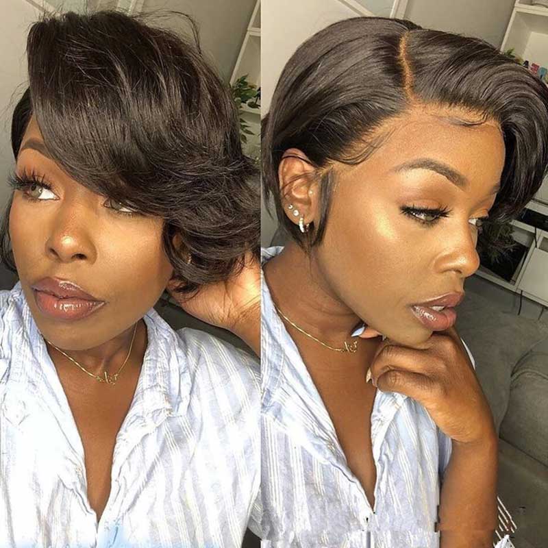 QVR Pixie Cut Style Short Hair Natural Black Color T Part Lace Frontal Human Hair Wig