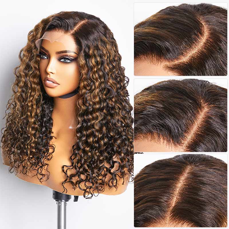 QVR Balayage Funmi Curly Glueless 5x5 Lace Closure Wig Brown Highlights Human Hair Wigs
