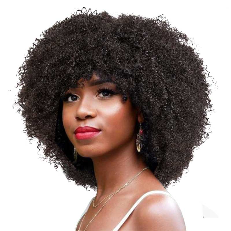 QVR Wear&Go Afro Curly No Lace Glueless Short Machine Made Wig With Bangs 100% Human Hair