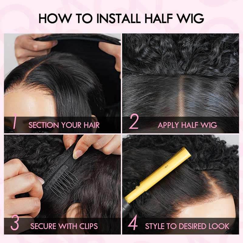 QVR Glueless Water Wave Half Wig 250% Density Human Hair Wig Natural Black Wear Go Flip Over Wig