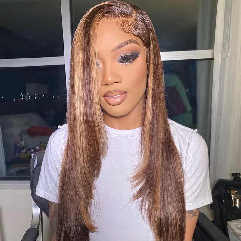 QVR Glueless Piano Highlight Straight 5x5 Lace Closure Wig Layered Cut Human Hair Brown Mix Blonde Wigs