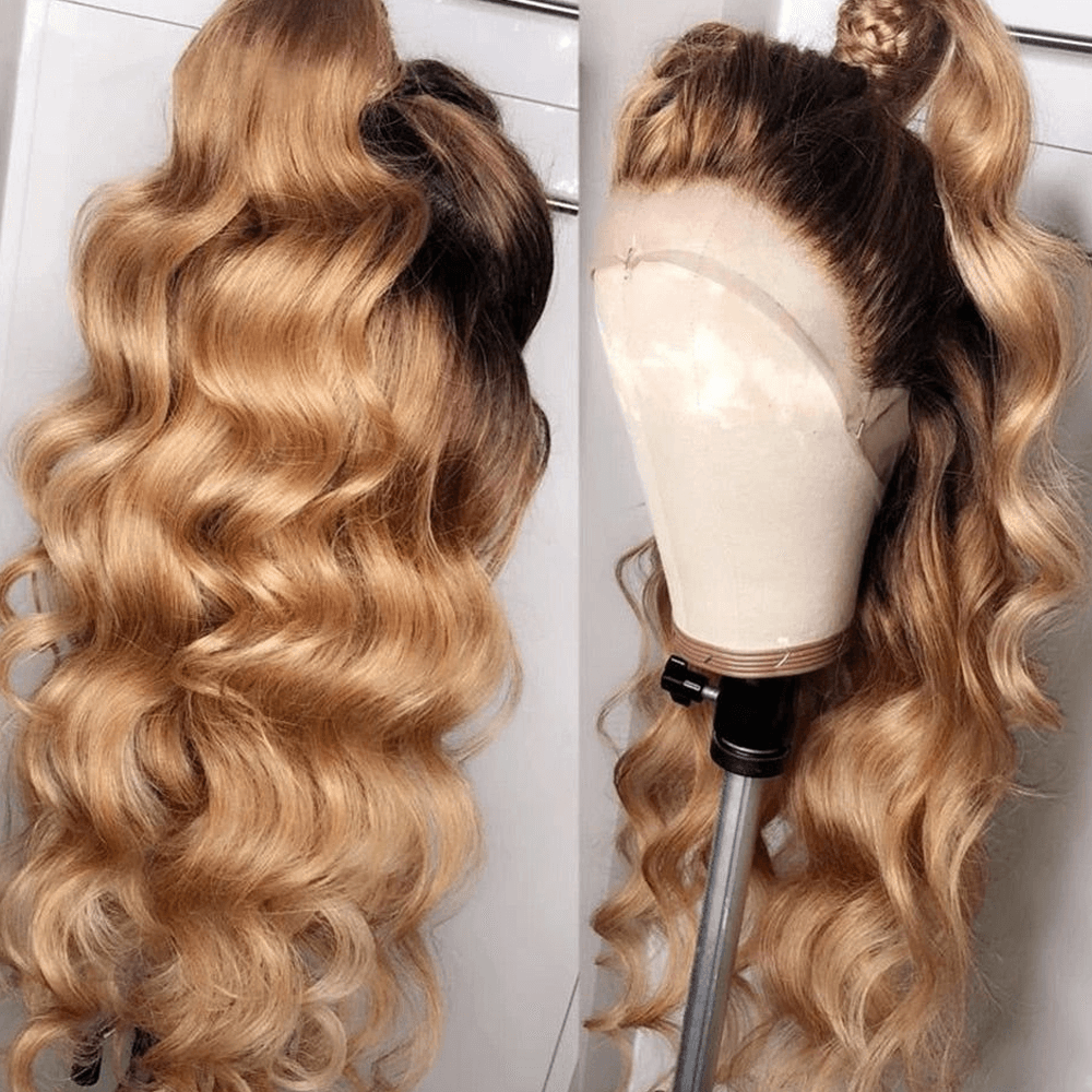 QVR Straight 1B/27 Honey Blonde 4x4 Lace Closure Wigs with Dark Roots For Black Women Human Hair Wigs