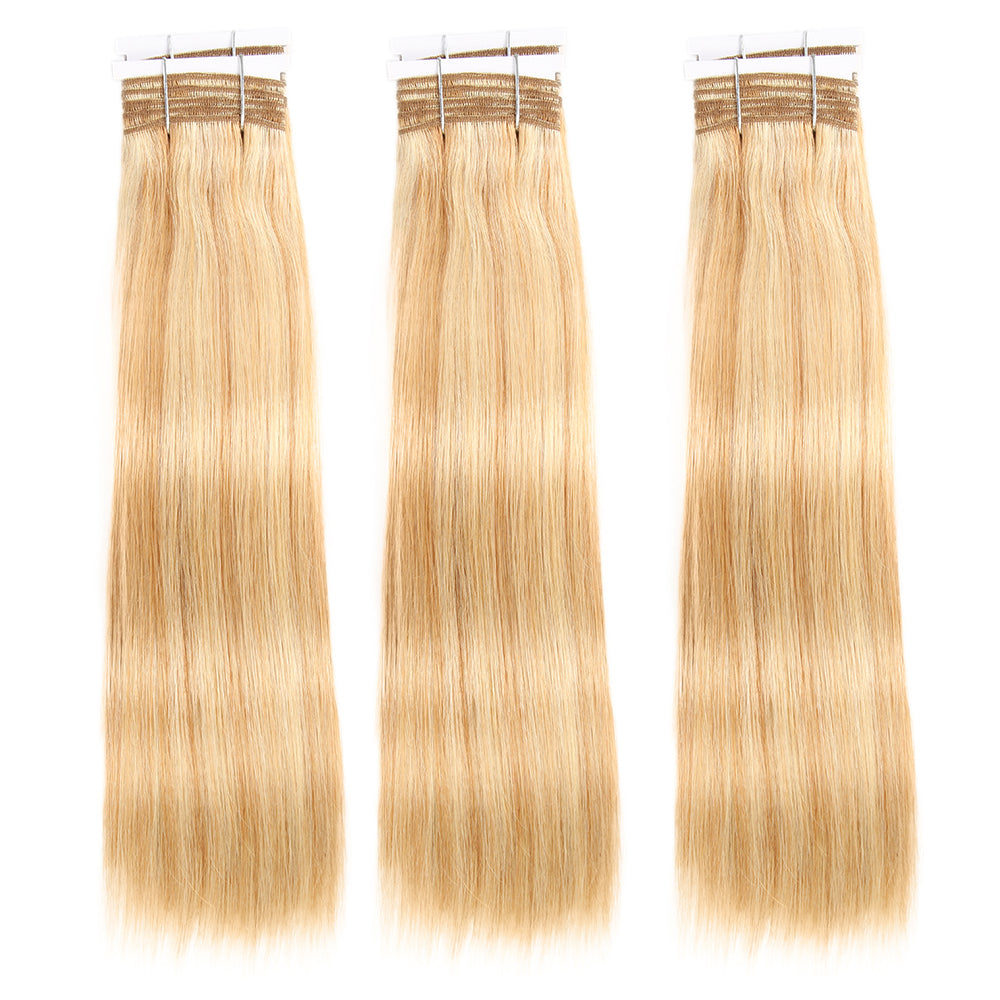 QVR Remy Human Hair 3 Bundles Straight Human Hair Weave Piano Blonde Color 27/613
