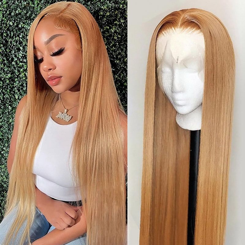 QVR Straight Wig Virgin Human Hair Lace Closure & Frontal Glueless Wigs with Baby Hair Golden Blonde Color #27