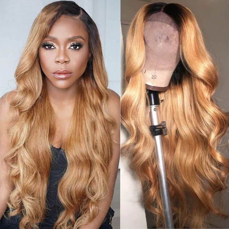 QVR Straight 1B/27 Honey Blonde 4x4 Lace Closure Wigs with Dark Roots For Black Women Human Hair Wigs