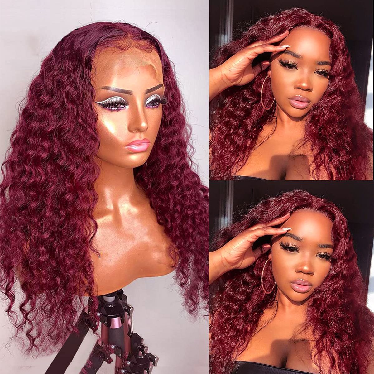 QVR 99J Burgundy Deep Wave Wigs Remy Human Hair Glueless Wigs 16-30 Inch Colored Curly 13x4 Lace Frontal Wigs