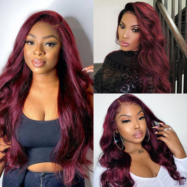 QVR Body Wave Burgundy Wigs 13x4 HD Lace Front Wigs 99J Colored Wigs Real Hair Wigs 200% Density Glueless Wigs
