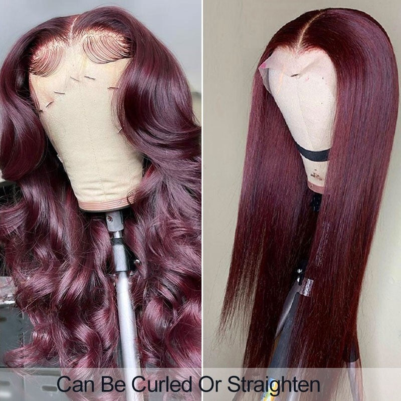 QueenVirginRemy  Colored Wigs 99J Straight 13x4 HD Lace Front Wigs Red Wine Color Virgin Human Hair Wigs 200% Density Glueless Wigs