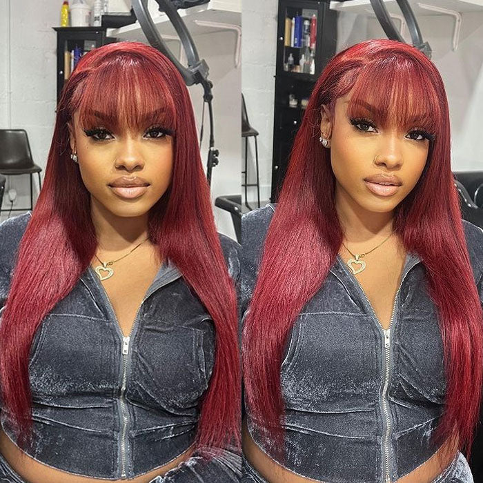 QVR 99J Burgundy Color Machine Made Wig With Bangs Stright Human Hair Wigs No Lace