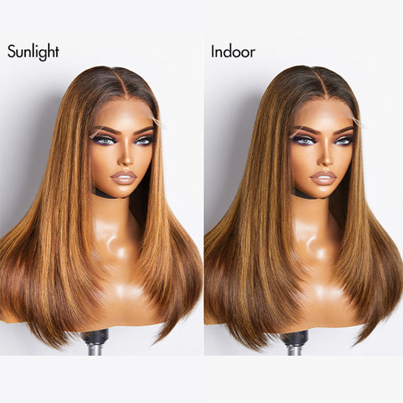 QVR Glueless Piano Highlight Straight 5x5 Lace Closure Wig Layered Cut Human Hair Brown Mix Blonde Wigs