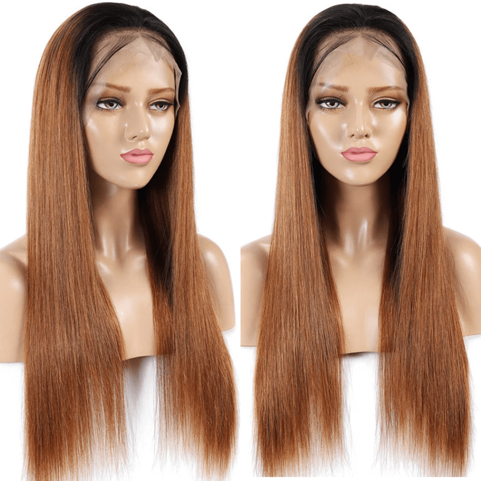QVR Straight Hair 1B/30 Ombre Honey Brown Color Glueless 4x4 Lace Closure Wig 100% Virgin Human Hair Wigs