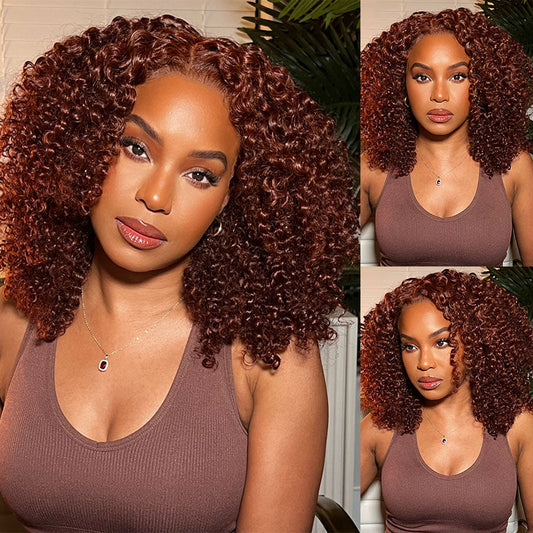 QVR Glueless Auburn Brown 13x4 Lace Frontal Wig Kinky Curly Reddish Brown Color Human Hair Wigs