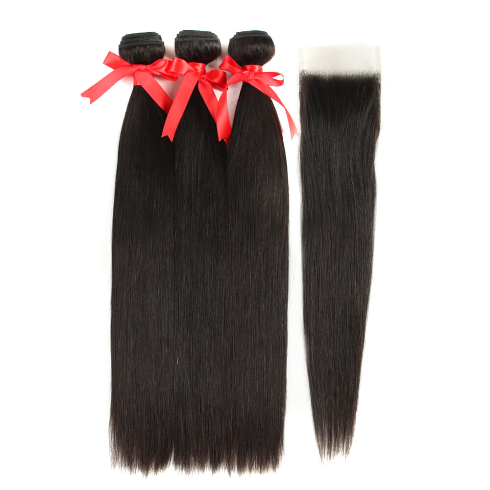 QVR Brazilian Hair Bundles Virgin Human Hair Straight 3 Bundles With 4*4 Lace Closure Natural Color