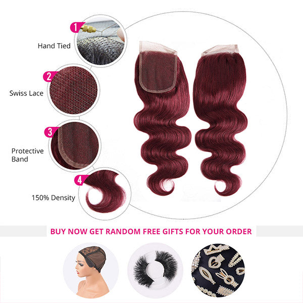 Burgundy Human Hair Bundles with Closure 99J Body Wave Hair 3 Bundles with Lace Closure