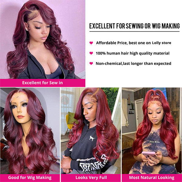 Burgundy Human Hair Bundles with Closure 99J Body Wave Hair 3 Bundles with Lace Closure