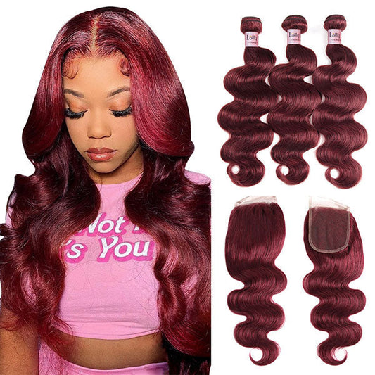 Burgundy Human Hair Bundles with Closure 99J Body Wave Hair 3 Bundles with Lace Closure