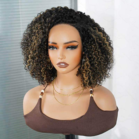QVR Honey Blonde Highlight Short Cut Curly Wig Glueless Side Part Wig Beginner Friendly