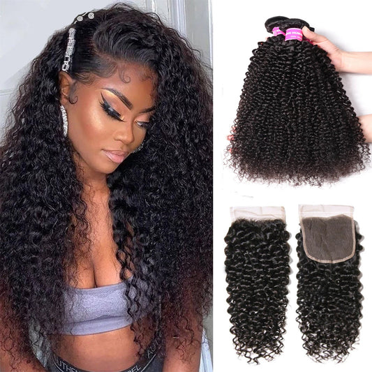 QVR Virgin Human Hair Curly 3 Bundles With 4*4 Lace Closure