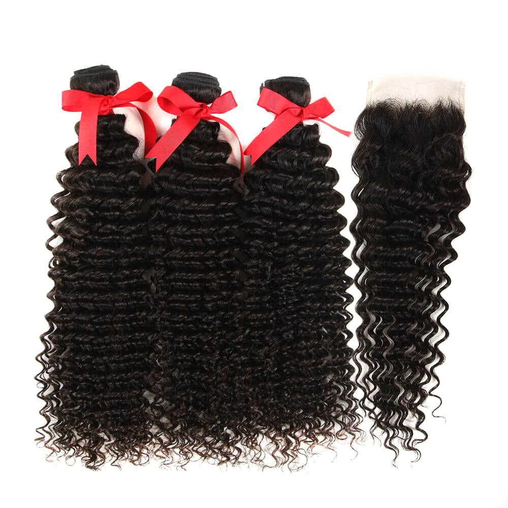 QVR Virgin Human Hair Curly 3 Bundles With 4*4 Lace Closure