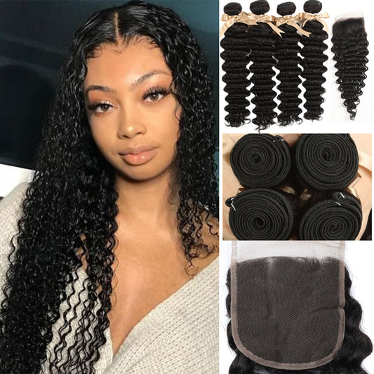 QVR Remy Human Hair 4 Bundles With Closure Deep Wave With 4x4 Lace Closure Natural Black