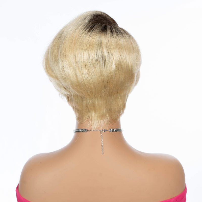 QVR TikTok Pixie Cut Style Short Hair Highlight T4/613 Color T Part Lace Frontal Human Hair Wig
