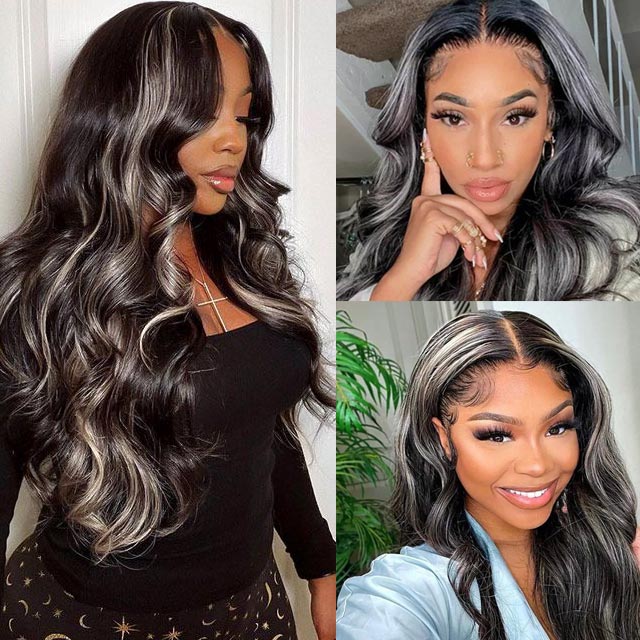 QVR Platinum Blonde Highlights Colored Wig 4x4/13x4 HD Transparent Lace Frontal Wig Mix Color Human Hair Wig