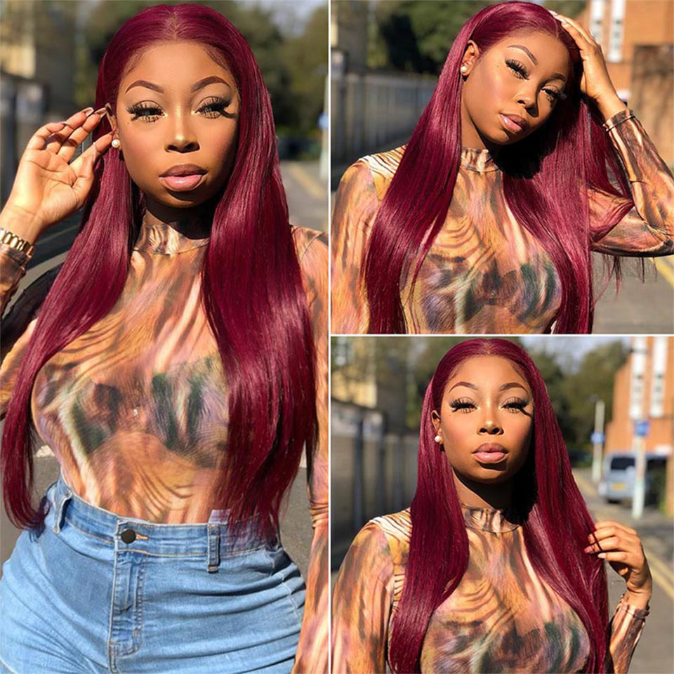 QVR Remy Human Hair Bundles With Closure  Straight Hair Burgundy Remy Peruvian Dyed 3 Bundles With Frontal 4x4 Brazilian Human Hair 99J
