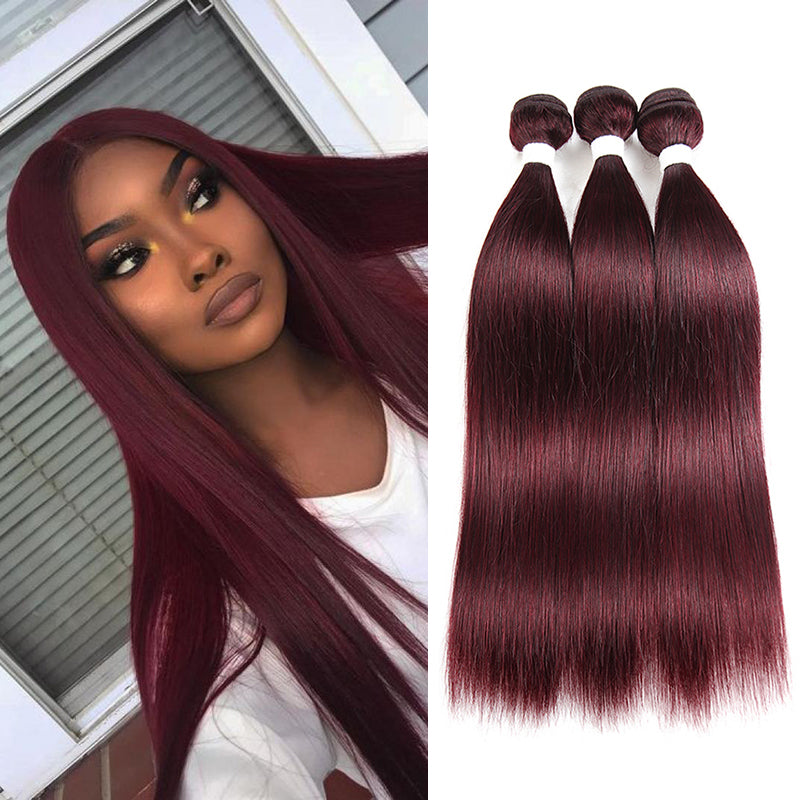 QVR Straight Human Hair Bundles Remy Brazilian Hair Weave 3 Bundles 99J Red Wine Human Hair Extensions
