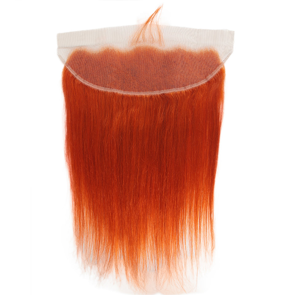 Orange Remy Human Hair Bundles with Frontal Closure Straight 3 Bundles with 13*4 Lace Frontal Ginger Color Straight Hair