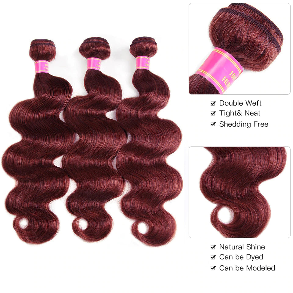 QVR Burgundy Bundles Body Wave Bundles 99J Red Colored Remy Human Hair Extensions Brazilian Weaving Remy Hair