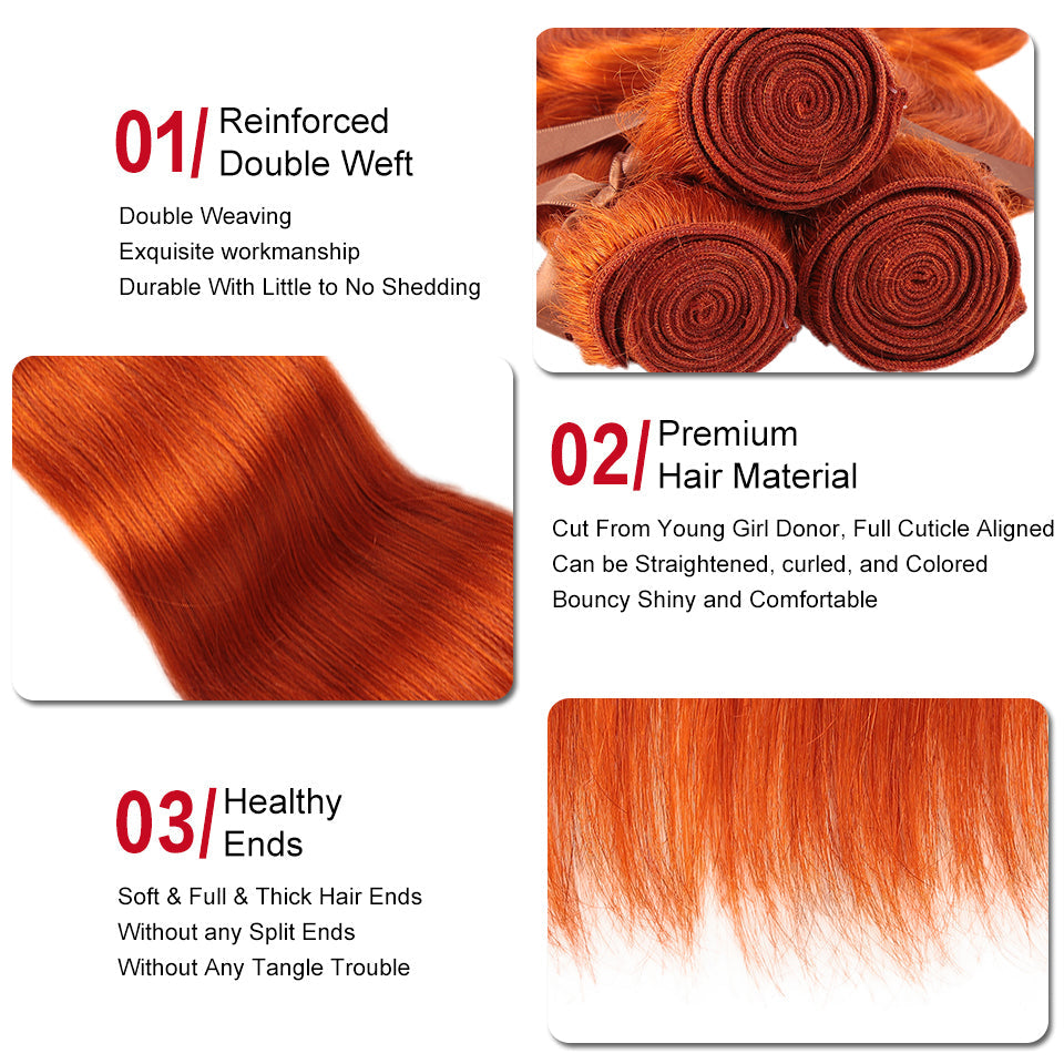 Orange Remy Human Hair Bundles with Frontal Closure Straight 3 Bundles with 13*4 Lace Frontal Ginger Color Straight Hair