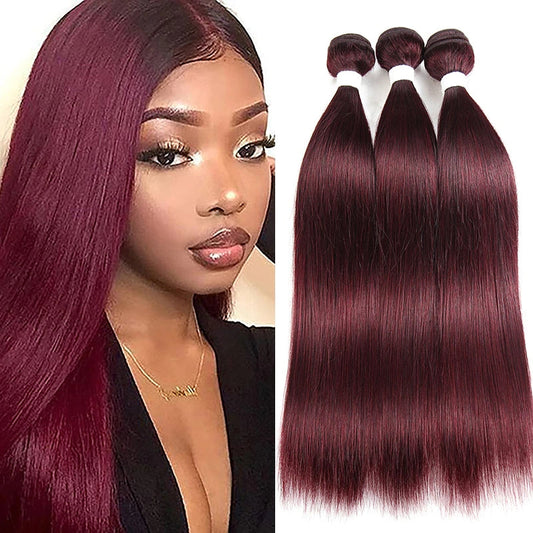 QVR Straight Human Hair Bundles Remy Brazilian Hair Weave 3 Bundles 99J Red Wine Human Hair Extensions