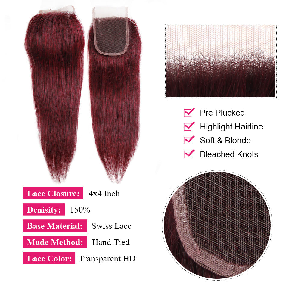 QVR Remy Human Hair Bundles With Closure  Straight Hair Burgundy Remy Peruvian Dyed 3 Bundles With Frontal 4x4 Brazilian Human Hair 99J