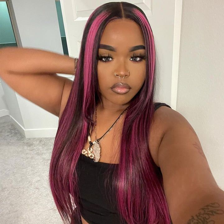 Lace Front Wig Black Hair With Purple Highlights Straight/Body Wave Human Hair Wigs