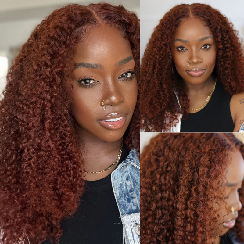 QVR Glueless Auburn Brown 13x4 Lace Frontal Wig Kinky Curly Reddish Brown Color Human Hair Wigs