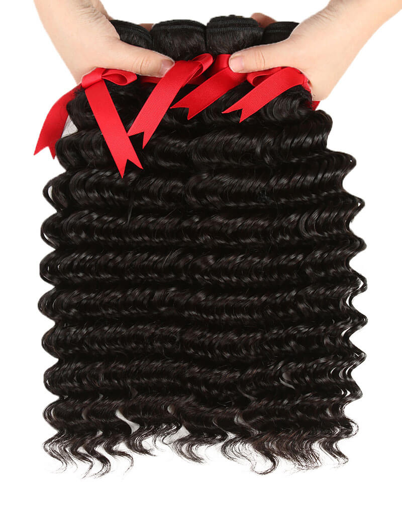 QVR Peruvian Human Hair Extensions Virgin Hair Deep Wave 4 Bundles Natural Color