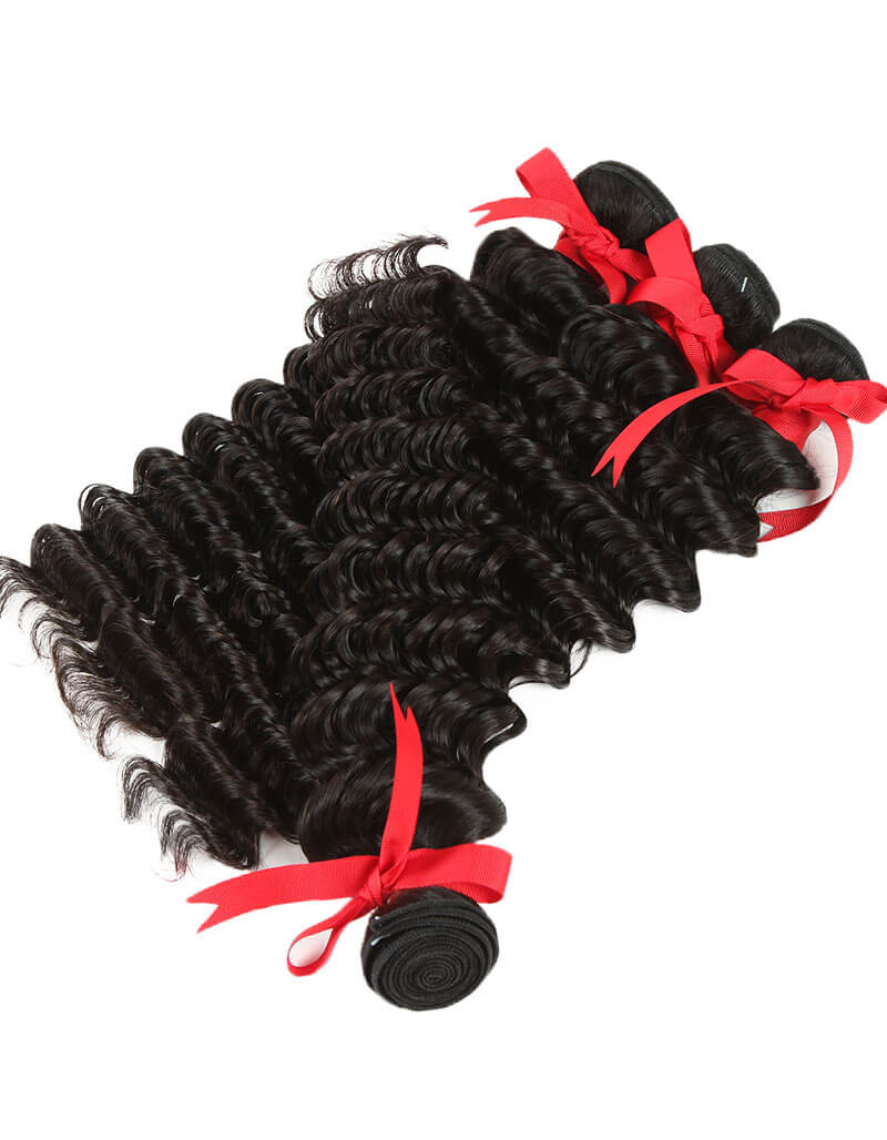QVR Peruvian Human Hair Extensions Virgin Hair Deep Wave 4 Bundles Natural Color