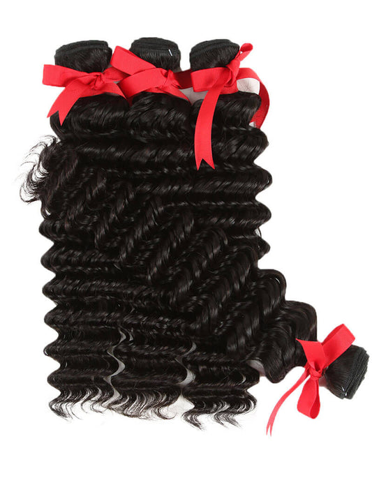 QVR Peruvian Human Hair Extensions Virgin Hair Deep Wave 4 Bundles Natural Color