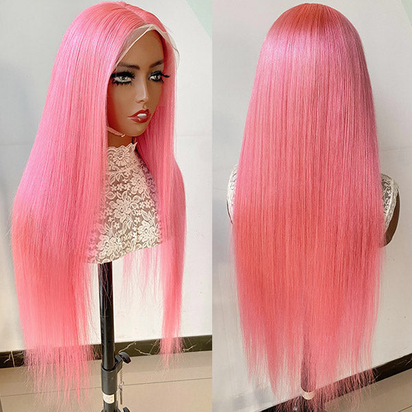 QVR Pink Color 13x4 Transparent Lace Front Wig Bone Straight Pre-plucked Human Hair Wigs