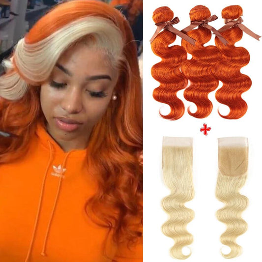 QVR Body Wave Human Hair Bundles 3 Ginger Orange Human Hair Bundles with Blonde Lace Closure Skunk Stripe