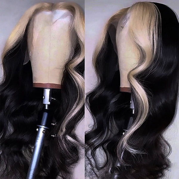 Skunk Stripe Natural Black with 613 blonde Body wave 13x4 Transparent Lace Front Human Hair Wig
