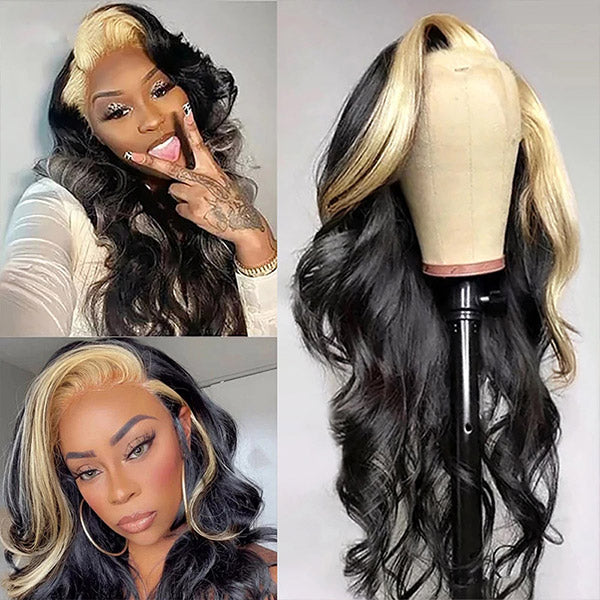 Skunk Stripe Natural Black with 613 blonde Body wave 13x4 Transparent Lace Front Human Hair Wig