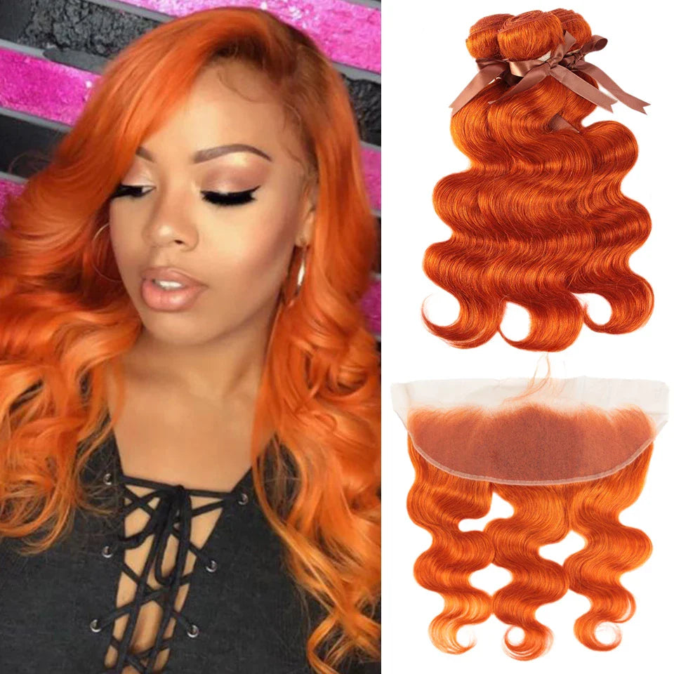 QVR Body Wave Hair Bundles With Closure Remy Human Hair 3 Bundles with Frontal Orange Ginger Color