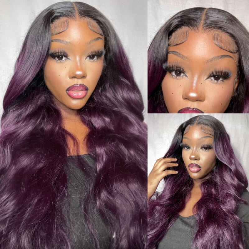 QVR Body Wave Ombre Smokey Dark Purple 13x4 Lace Front Wig With Black Root Human Hair