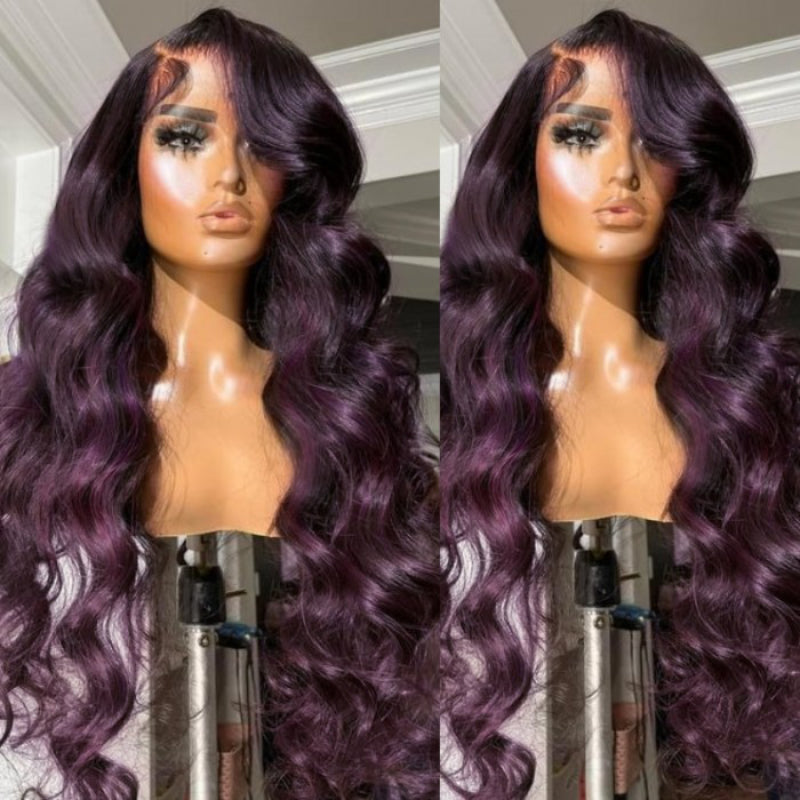 QVR Body Wave Ombre Smokey Dark Purple 13x4 Lace Front Wig With Black Root Human Hair